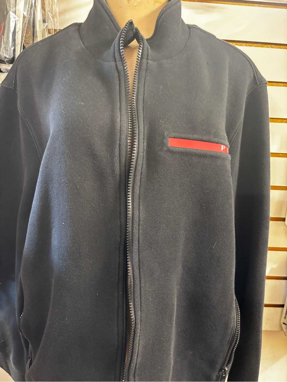 Prada Black Full-Zip Sweater with Red Chest Trim
